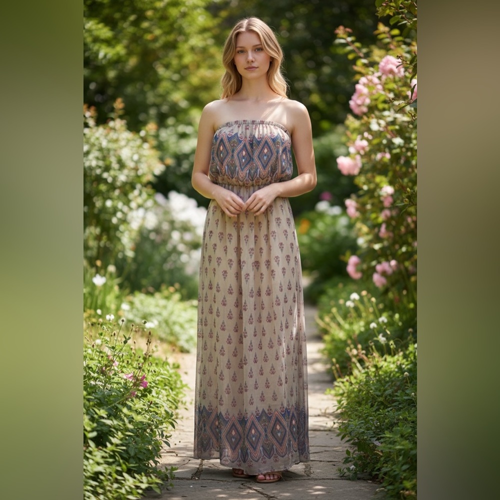 #274 Pronto Strapless Beige and Blue Maxi Romper Dress